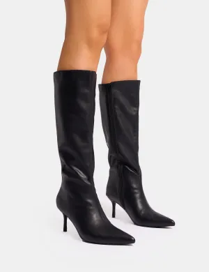 Amped Black Pointed Toe Mid Heel Knee High Boots