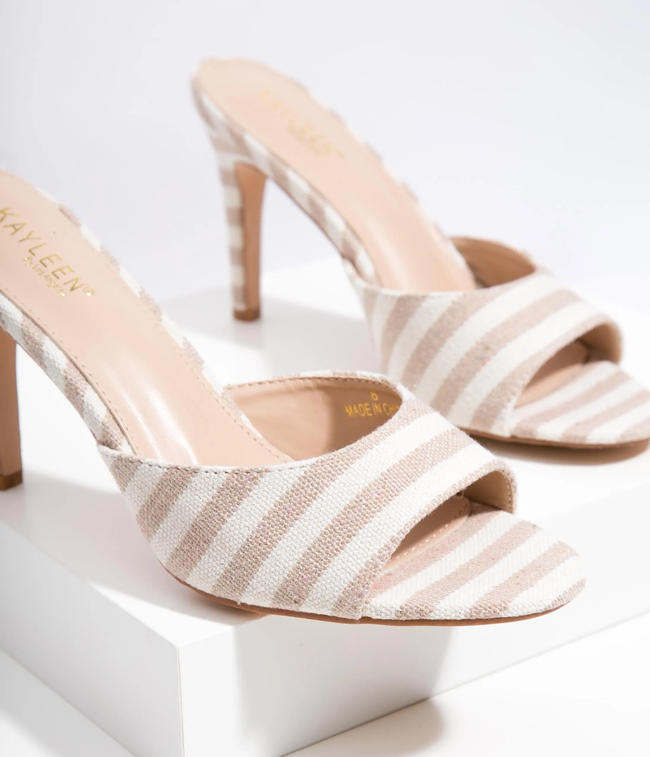 Beige & Ivory Textile Stripe Mule Heels