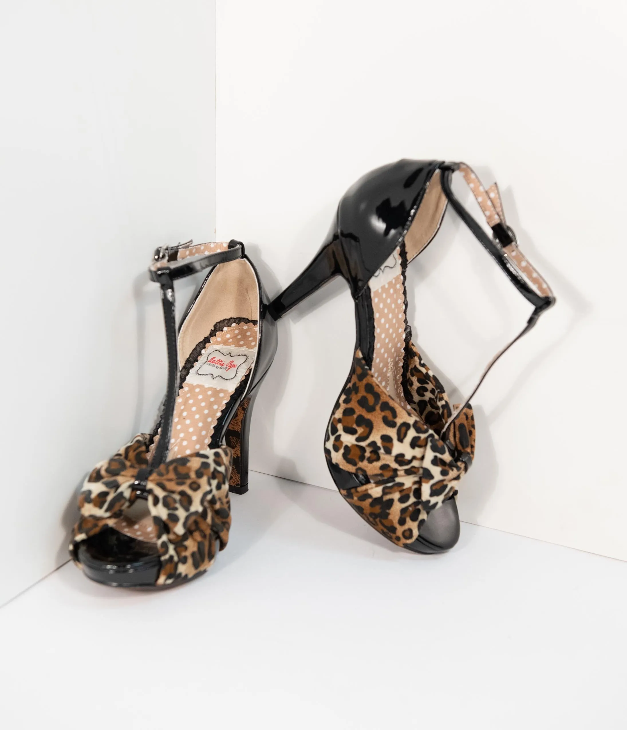 Bettie Page Black & Leopard T-Strap Peep Toe Bessie Heels