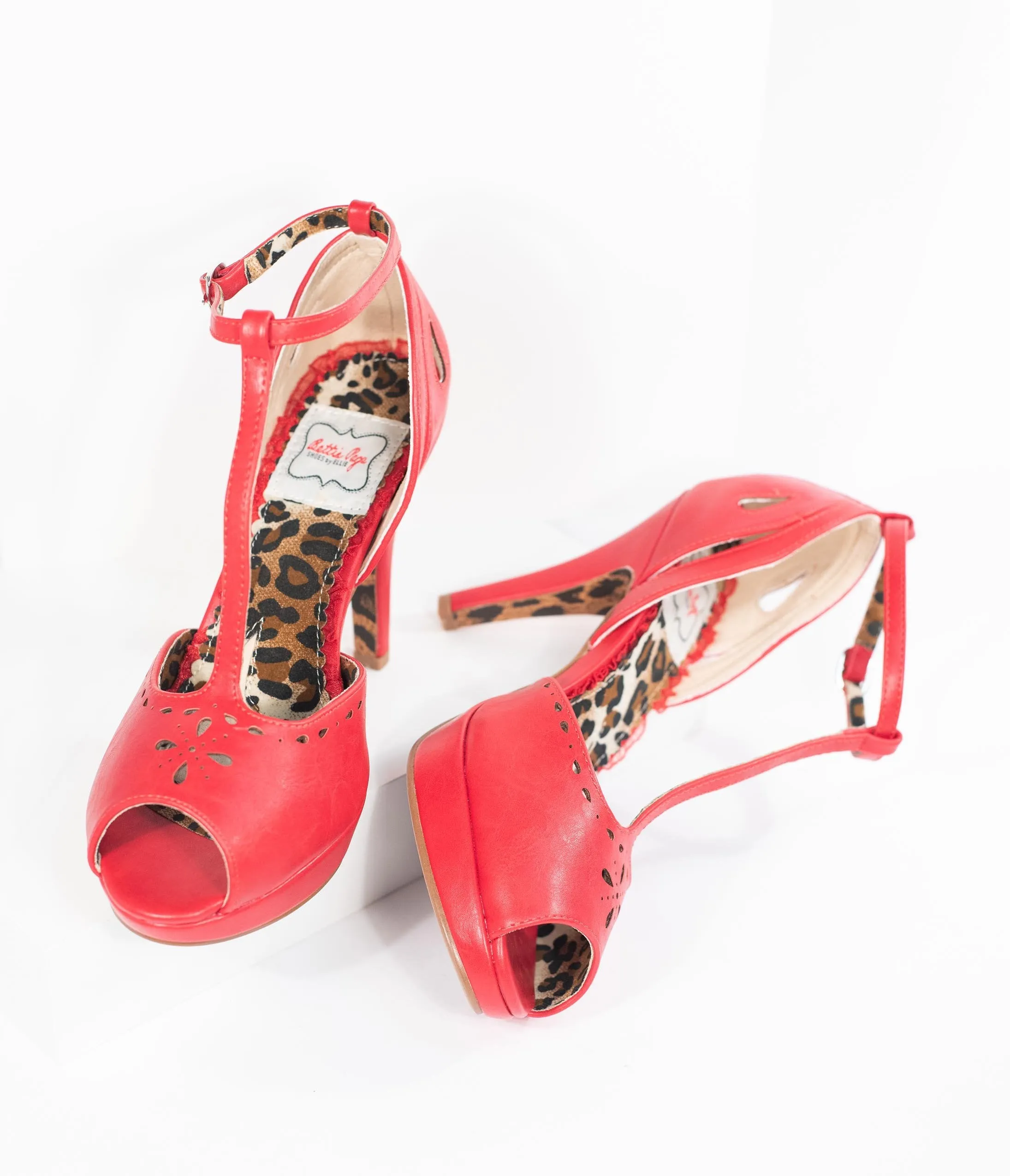 Bettie Page Red Leatherette Peep Toe Willie T-Strap Heels