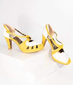 Bettie Page Yellow & White Leatherette Criss Cross Angie Heels