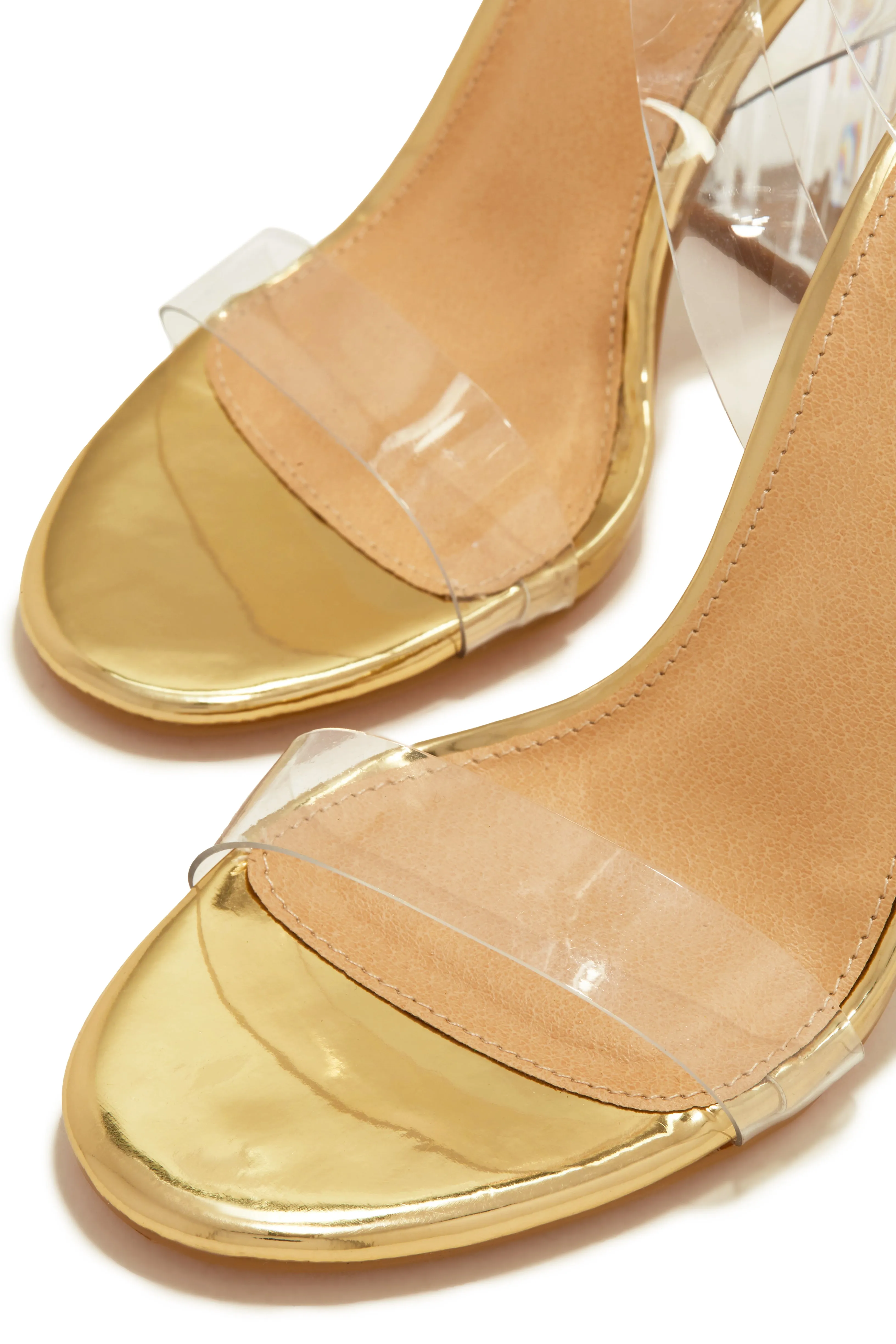 Big Reveal Clear Strap Block High Heels - Gold