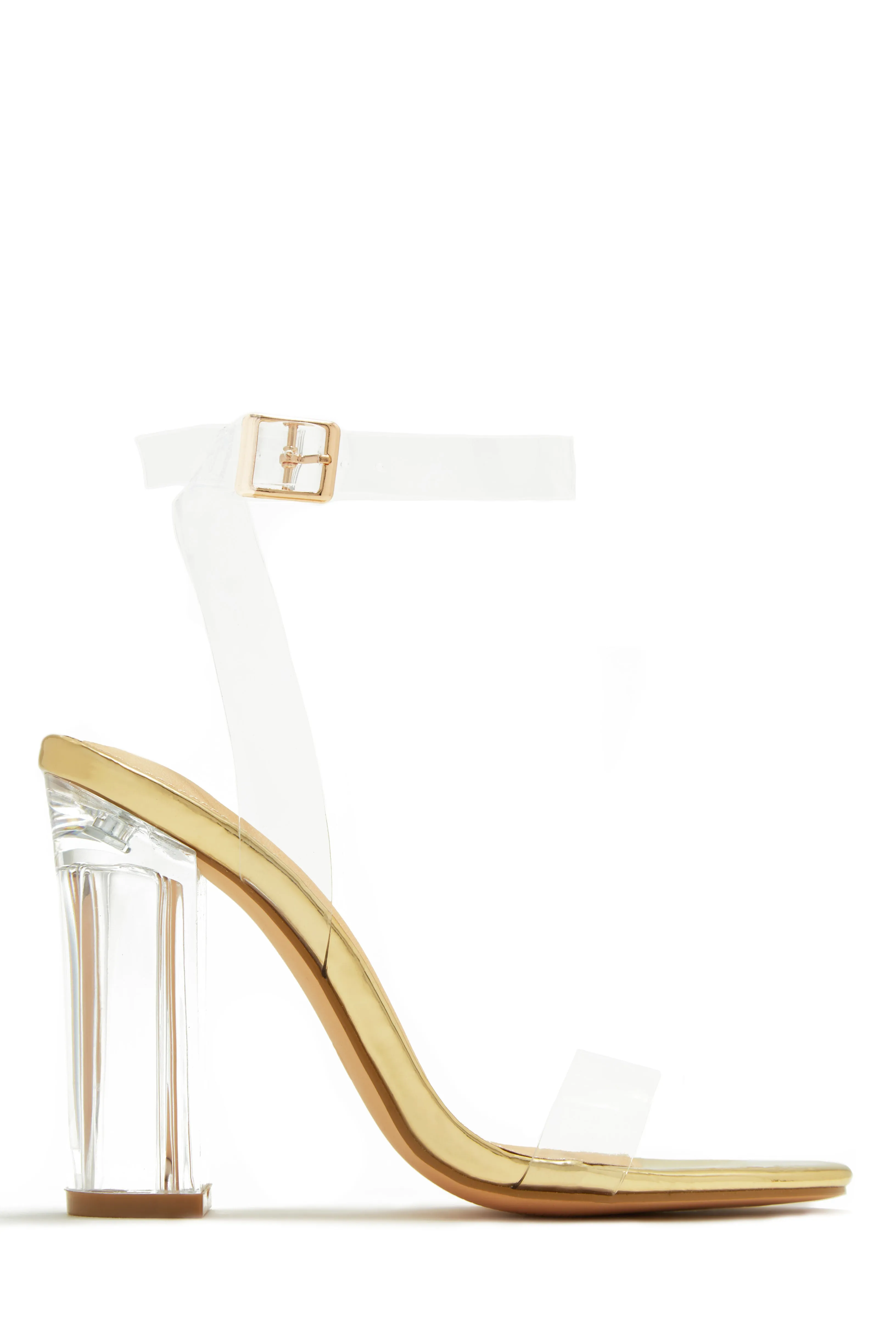 Big Reveal Clear Strap Block High Heels - Gold