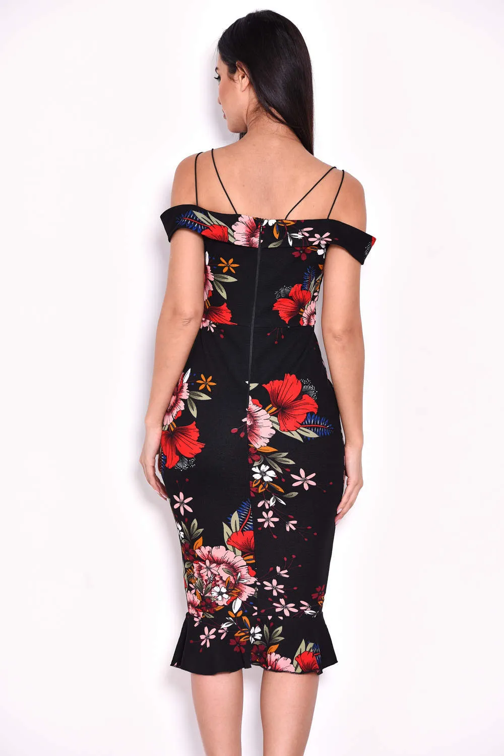 Black Floral Fishtail Midi Dress