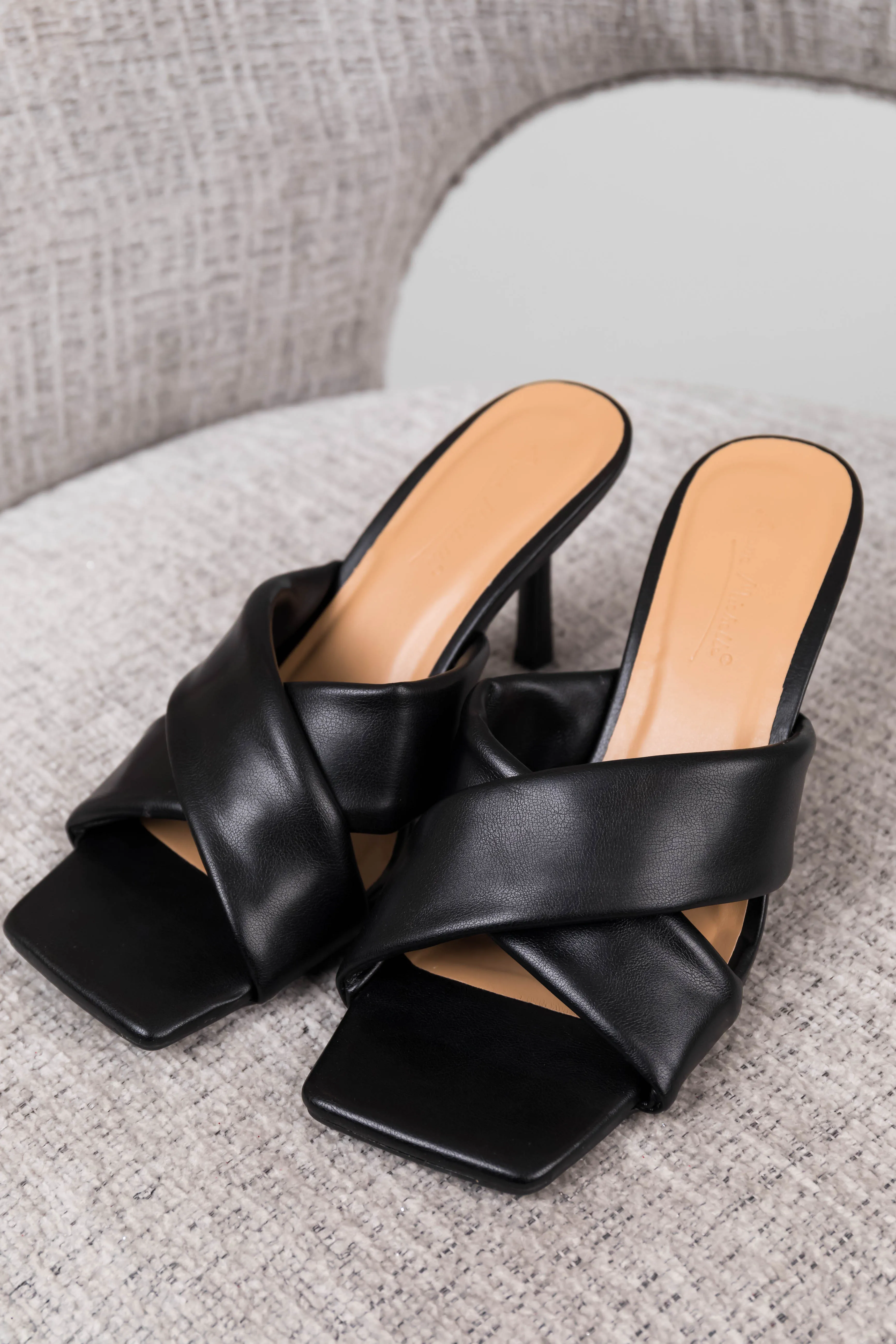 Black Square Toe Cross Strap Heels