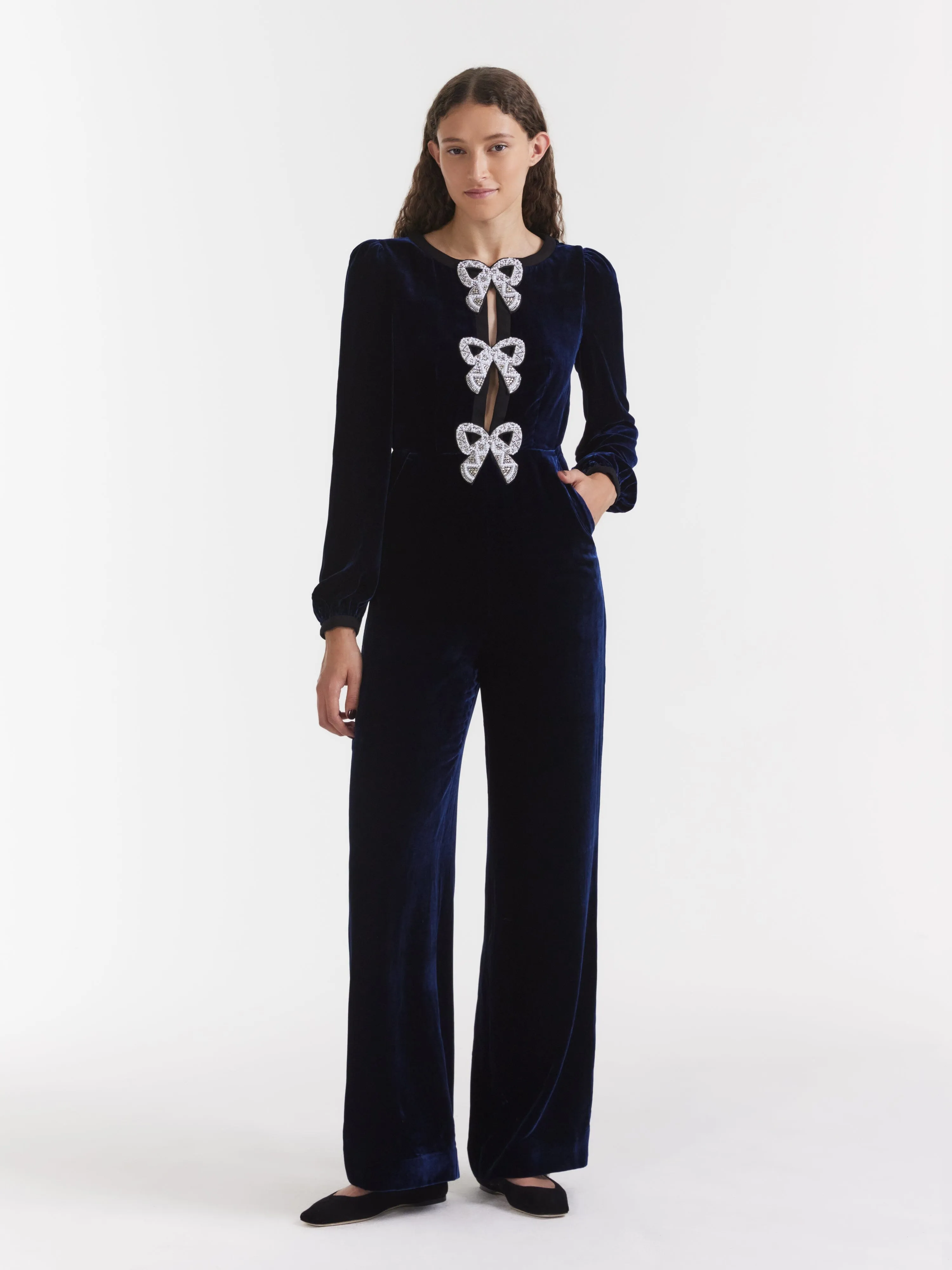 Camille Velvet Embellished Bows Jumpsuit in Navy