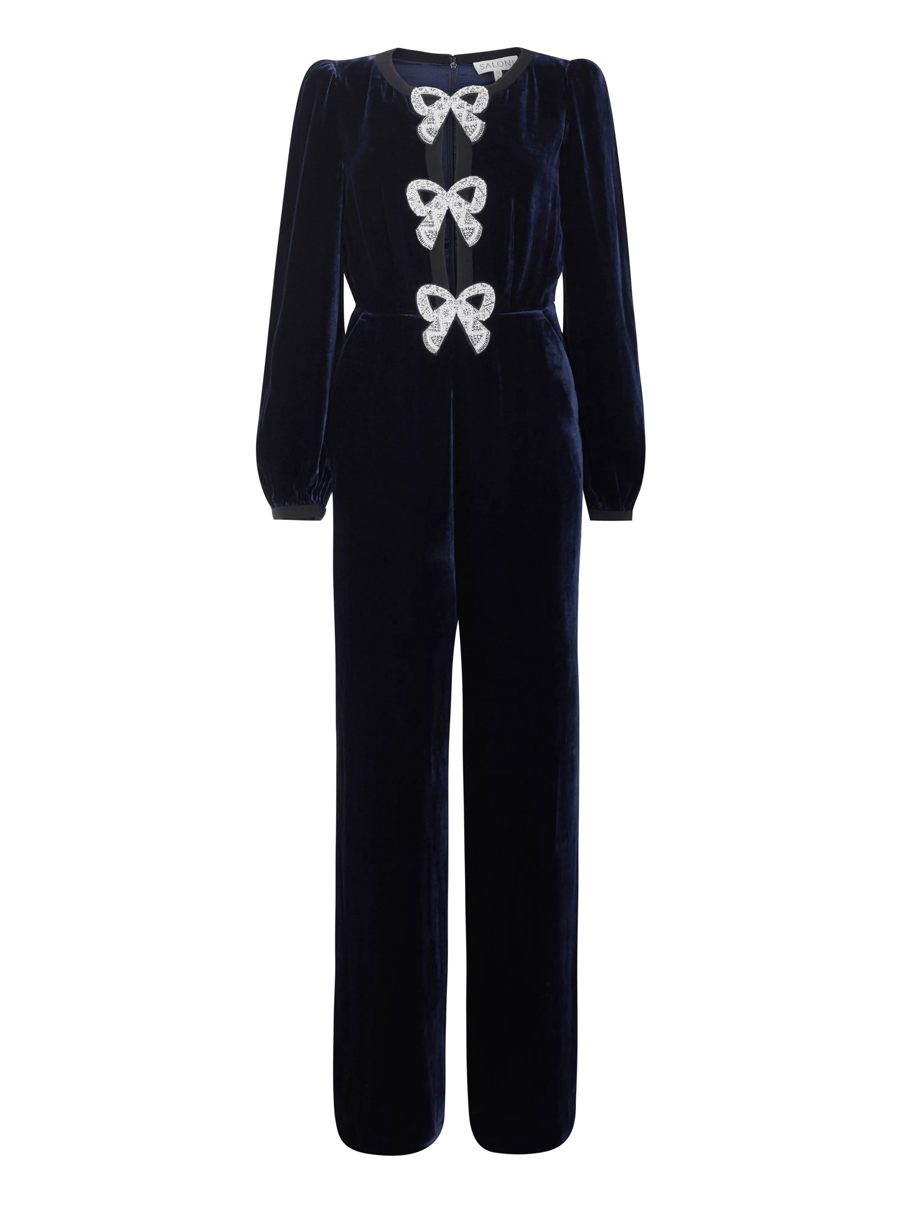 Camille Velvet Embellished Bows Jumpsuit in Navy