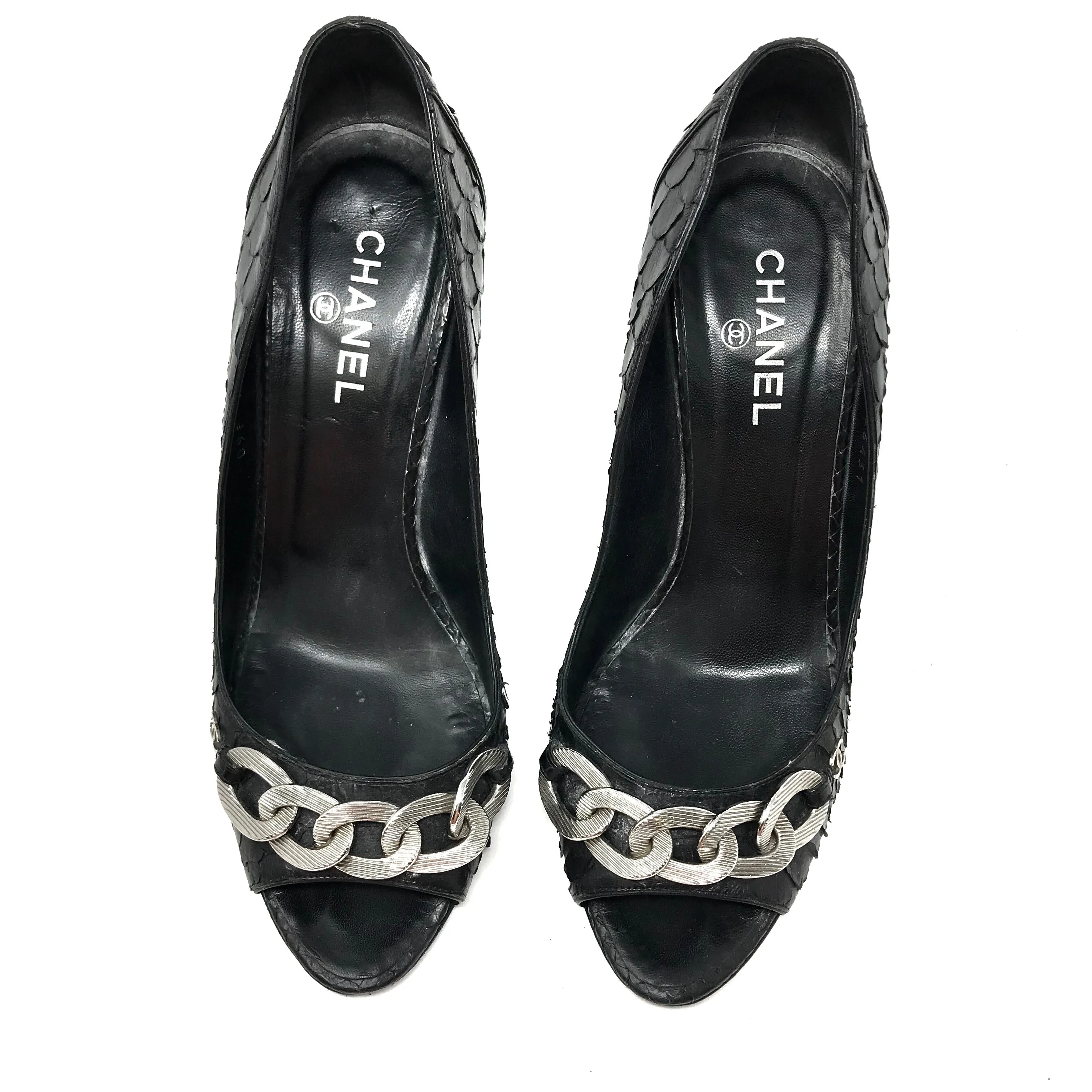 Chanel Black Python Silver Chain Peep Toe Heels Size 39.5 | 9