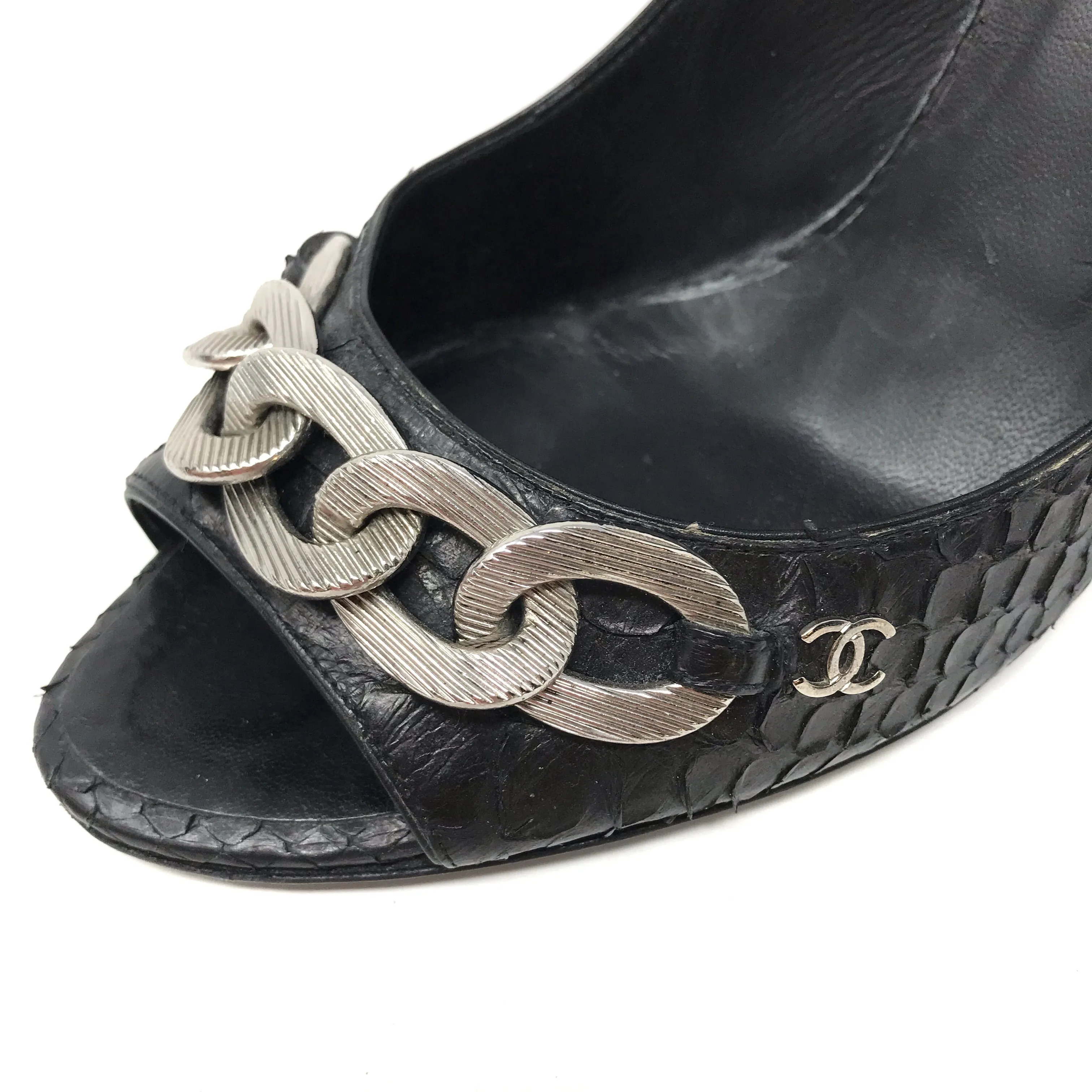 Chanel Black Python Silver Chain Peep Toe Heels Size 39.5 | 9