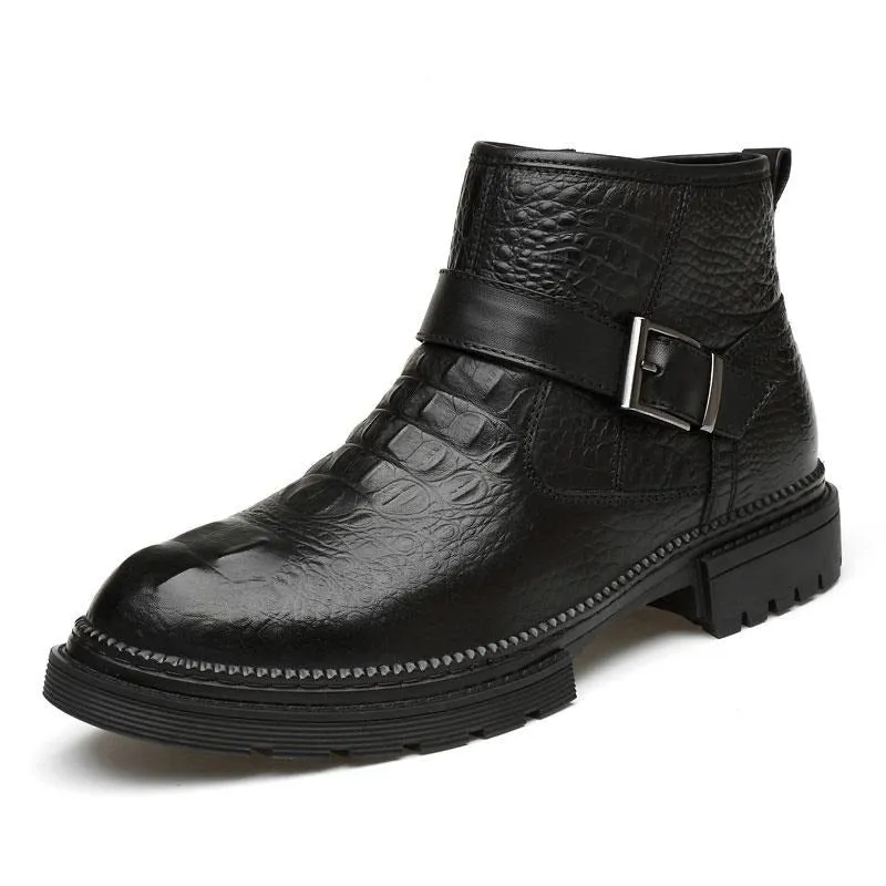 Chic CrocLeather Round Toe Zipper Work Boots