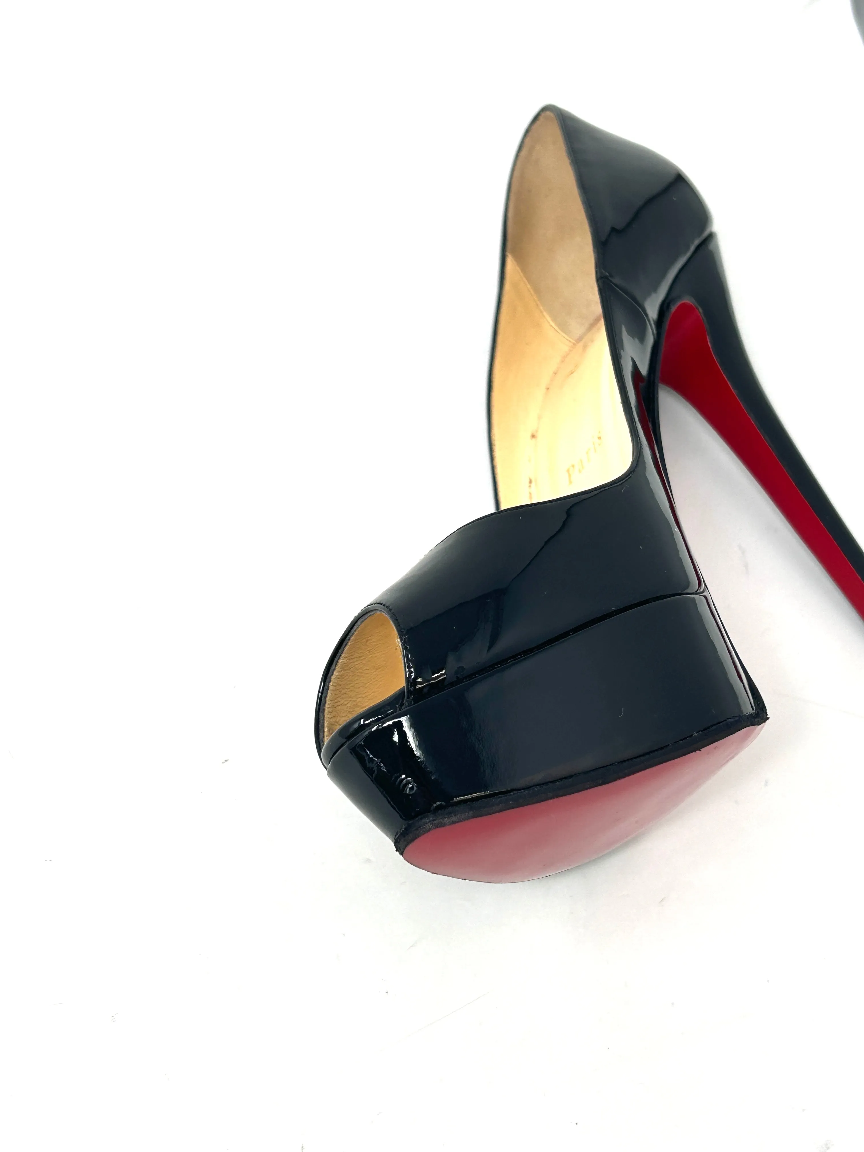 Christian Louboutin Lady Peep Black Patent Leather Platform Peep Toe Heels 38.5 UK 5.5