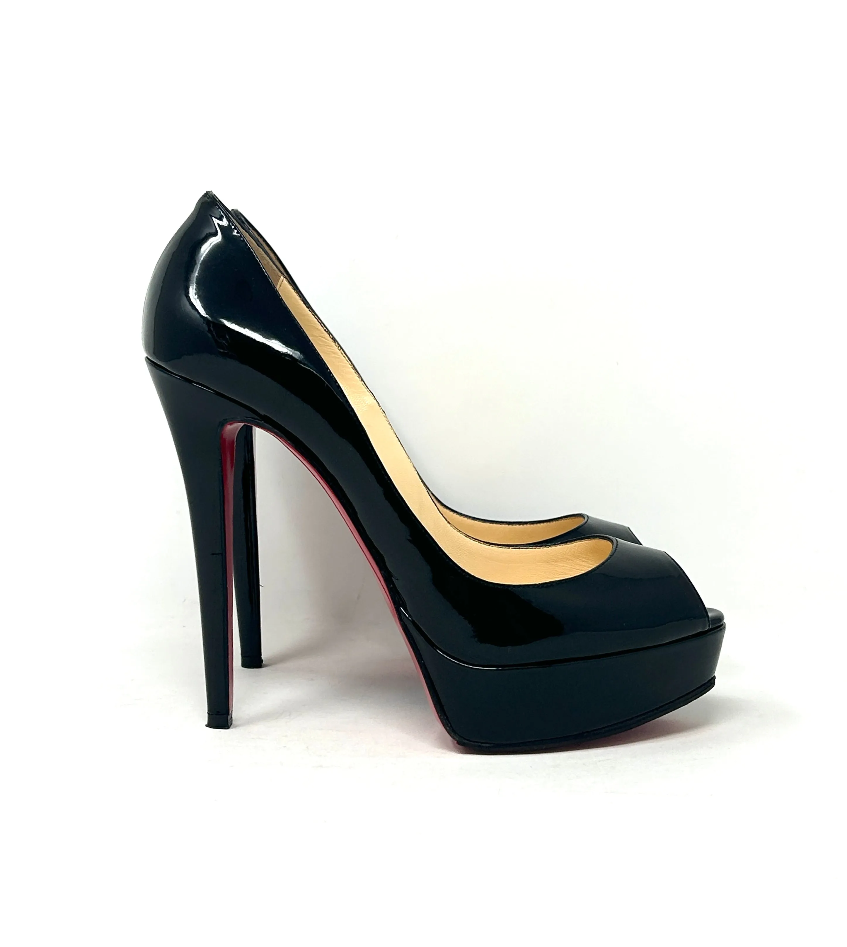 Christian Louboutin Lady Peep Black Patent Leather Platform Peep Toe Heels 38.5 UK 5.5