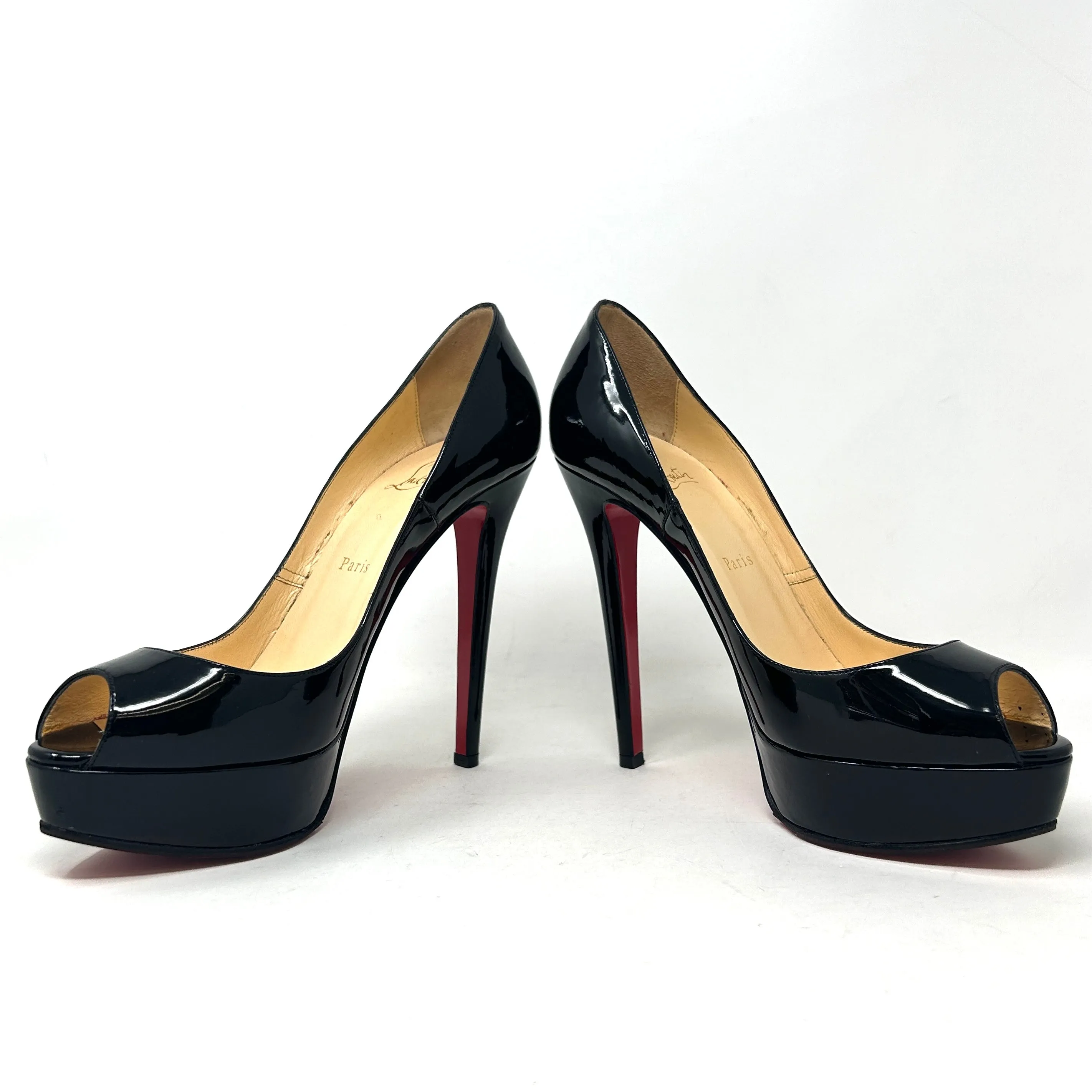 Christian Louboutin Lady Peep Black Patent Leather Platform Peep Toe Heels 38.5 UK 5.5