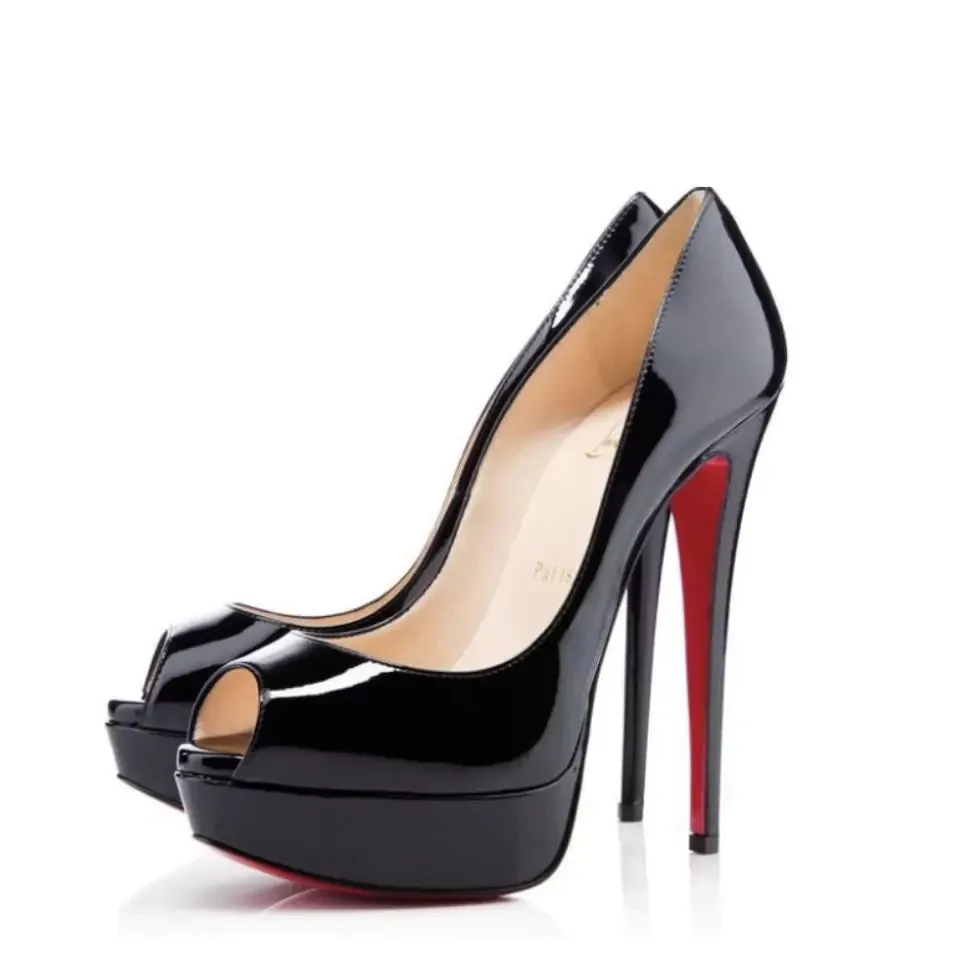 Christian Louboutin Lady Peep Black Patent Leather Platform Peep Toe Heels 38.5 UK 5.5