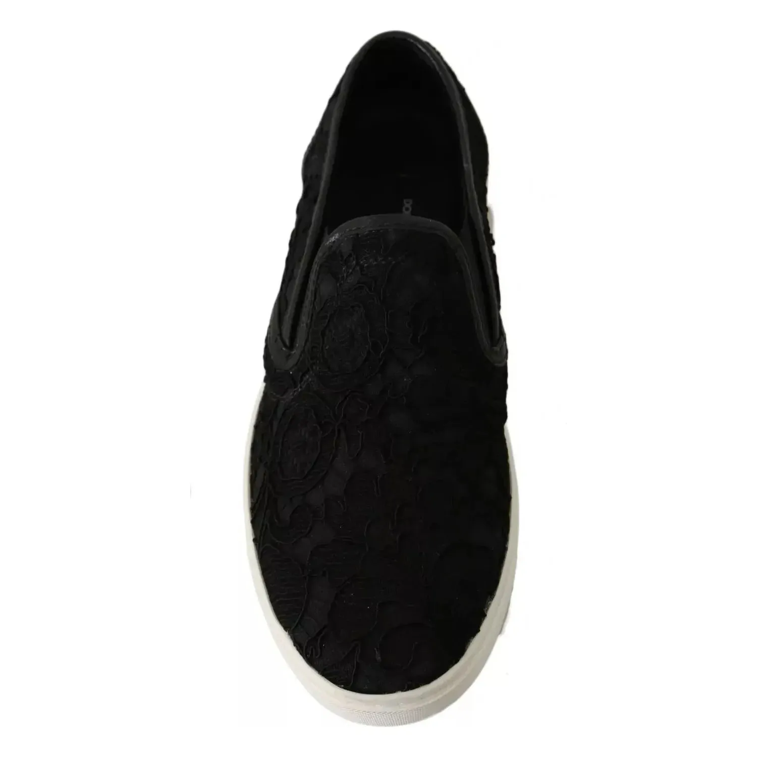 Dolce & Gabbana Black Lace Leather Logo Flat Slip-On Sneakers