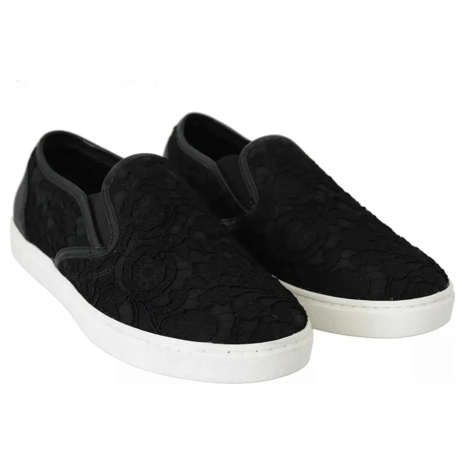 Dolce & Gabbana Black Lace Leather Logo Flat Slip-On Sneakers