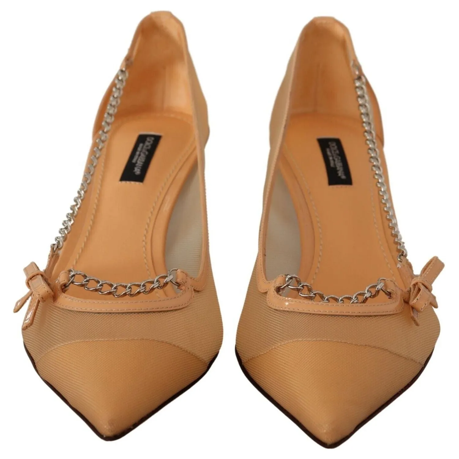 Dolce & Gabbana Elegant Beige Mesh Pumps with Silver Chains