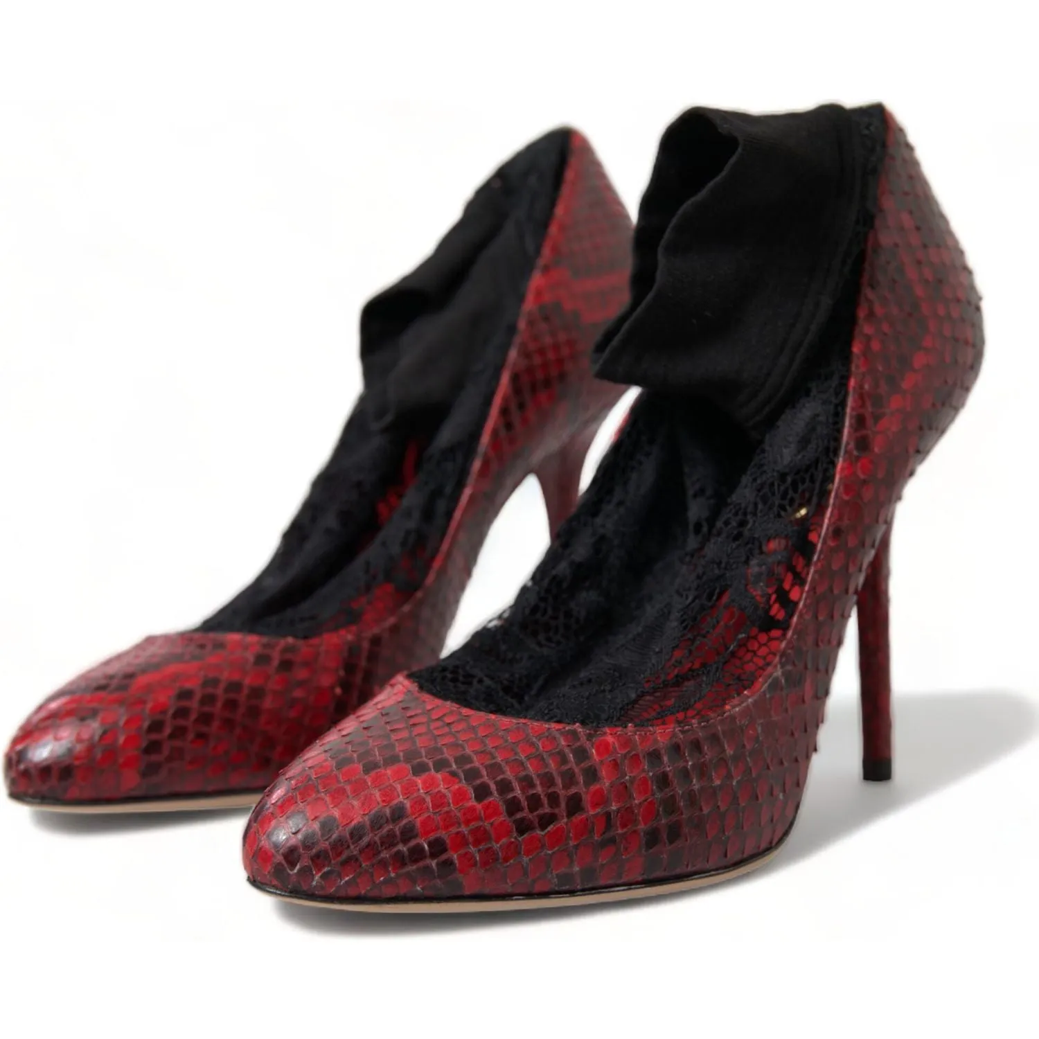 Dolce & Gabbana Red Almond Toe Snakeskin Pumps with Lace Socks