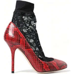 Dolce & Gabbana Red Almond Toe Snakeskin Pumps with Lace Socks