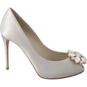 Dolce & Gabbana White Crystal Peep Toe Silk Blend Heels