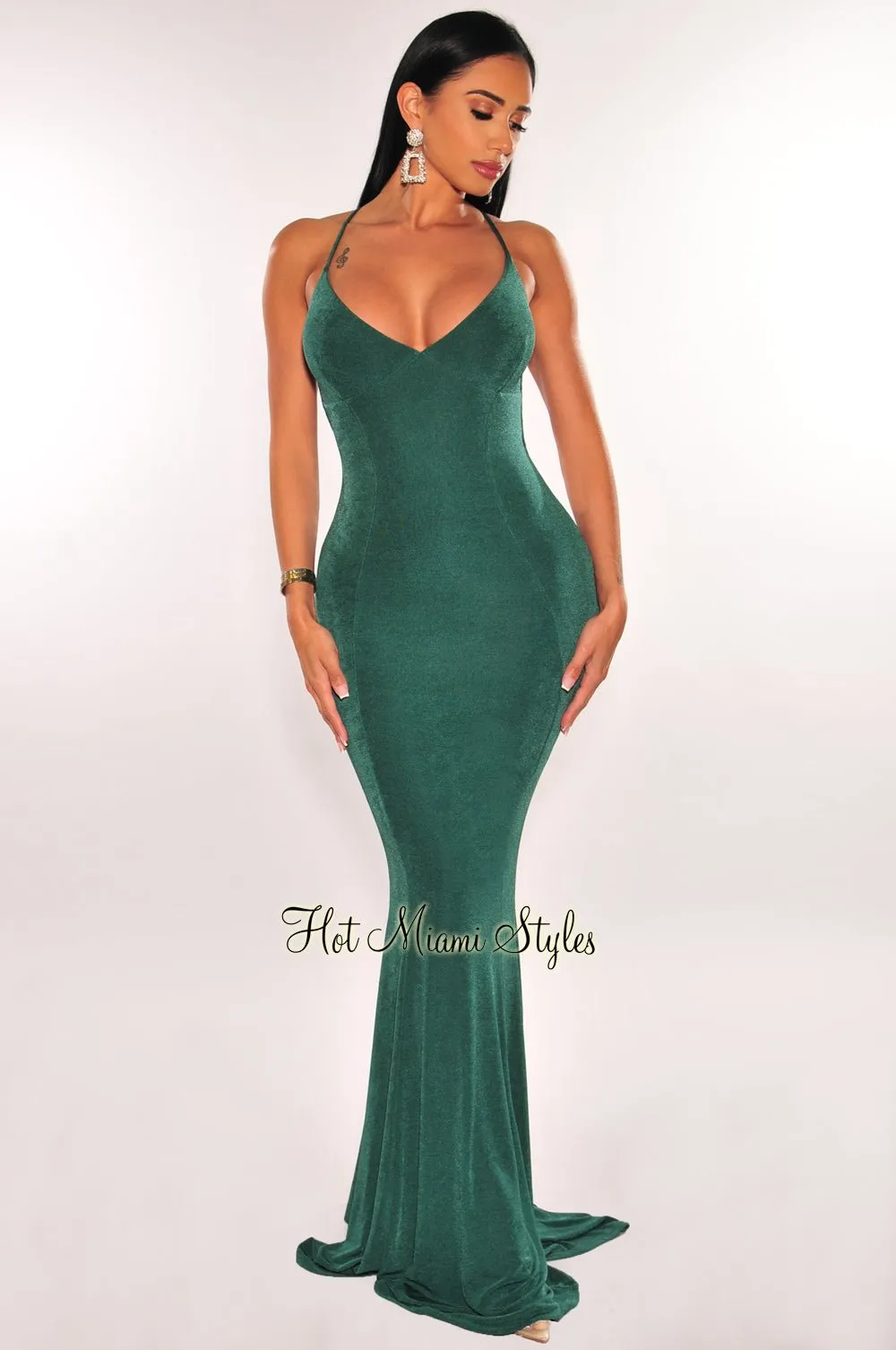 Emerald Shimmery Spaghetti Strap V Neck Crisscross Back Mermaid Gown