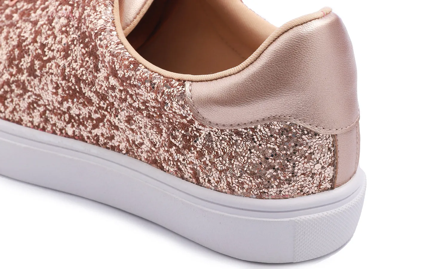 Feversole Women's Fashion Dress Sneakers Party Bling Casual Flats Embellished Shoes Rose Gold Glitter Lace