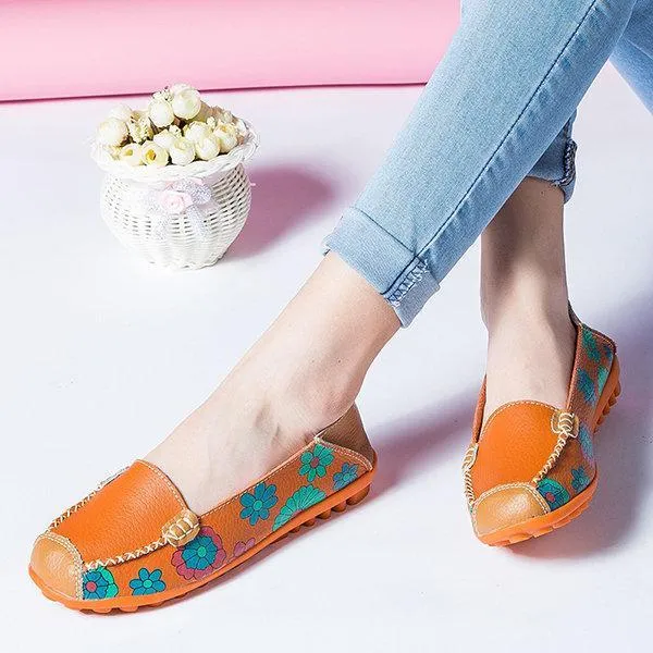 Floral Print Color Matching Soft Comfortable Slip On Flat Shoes