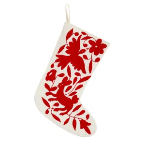 Hand-Embroidered Otomi Christmas Stocking from Mexico - Red