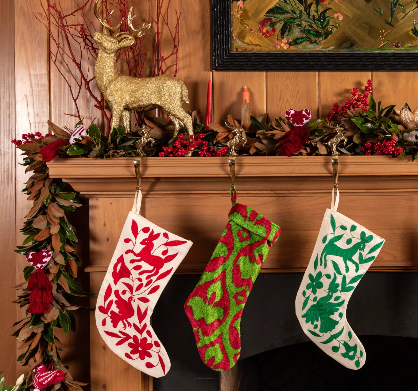 Hand-Embroidered Otomi Christmas Stocking from Mexico - Red