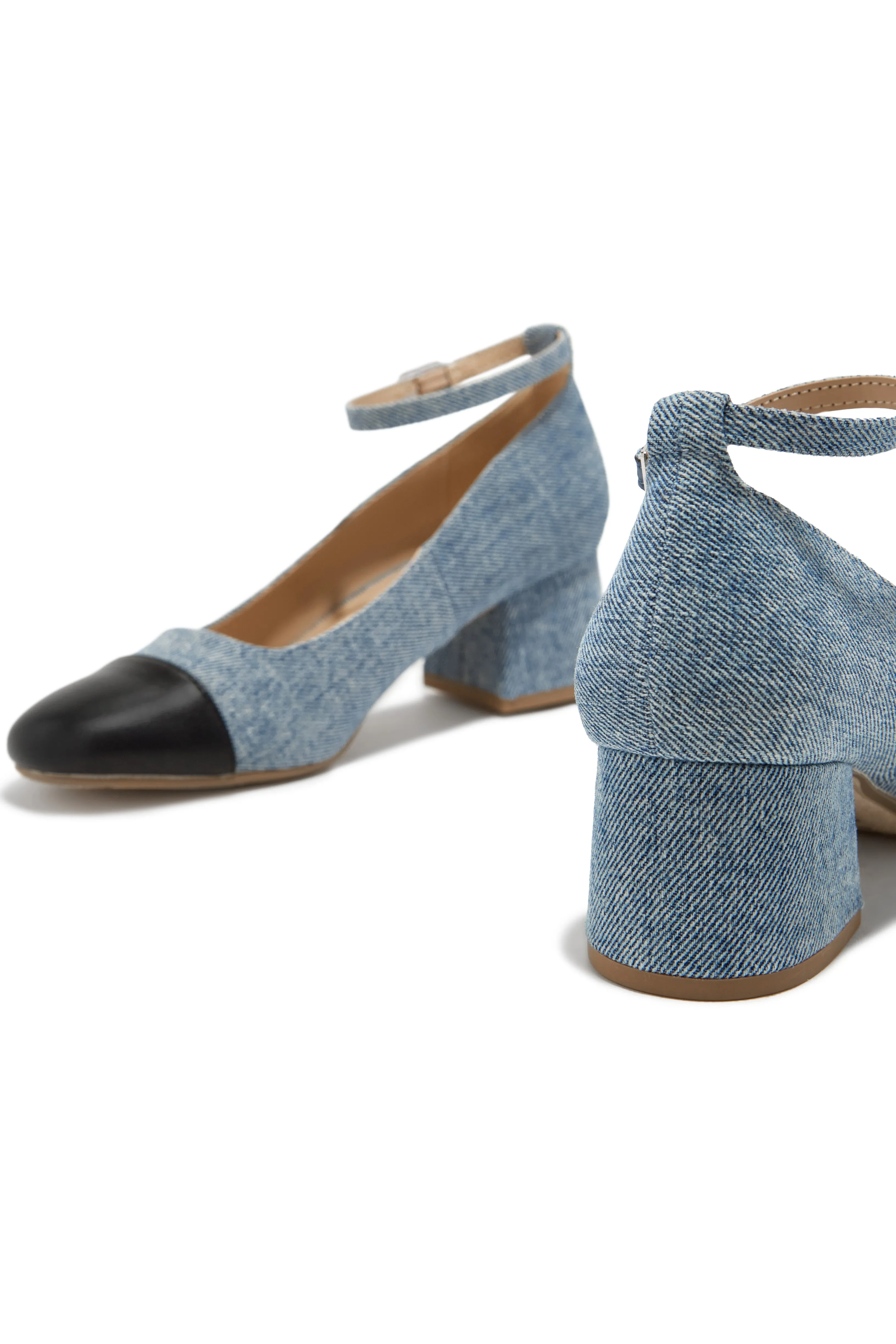 Harlan Ankle Strap Block Mid Heels - Denim