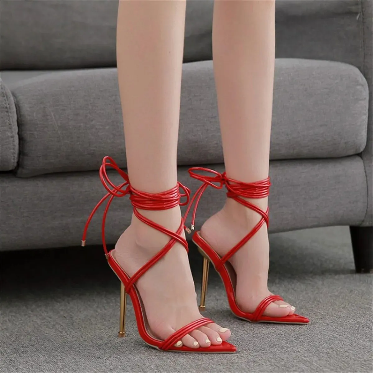 High Heel  Women Lace Up Pointed Thin Heels Shoes*