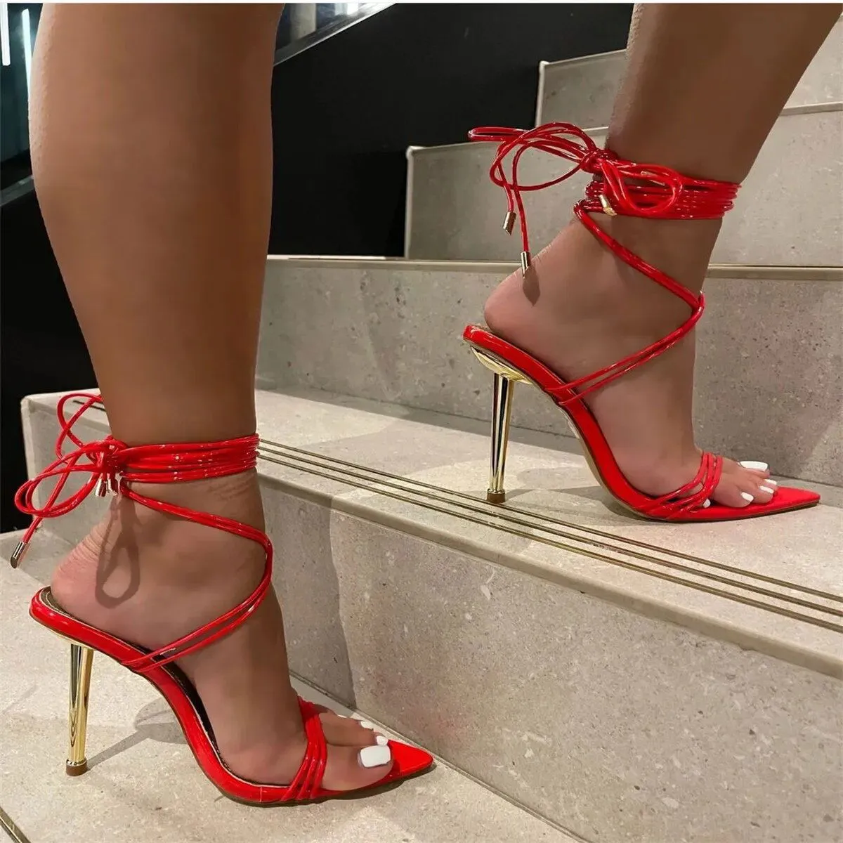 High Heel  Women Lace Up Pointed Thin Heels Shoes*