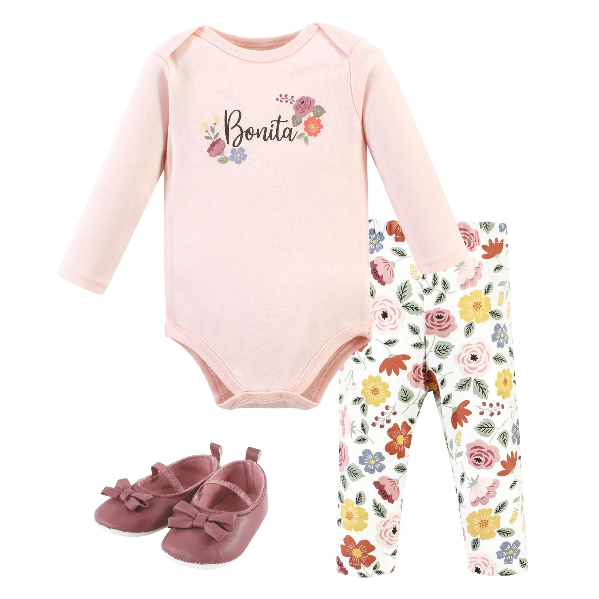 Hudson Baby Cotton Bodysuit, Pant and Shoe Set, Bonita Long Sleeve