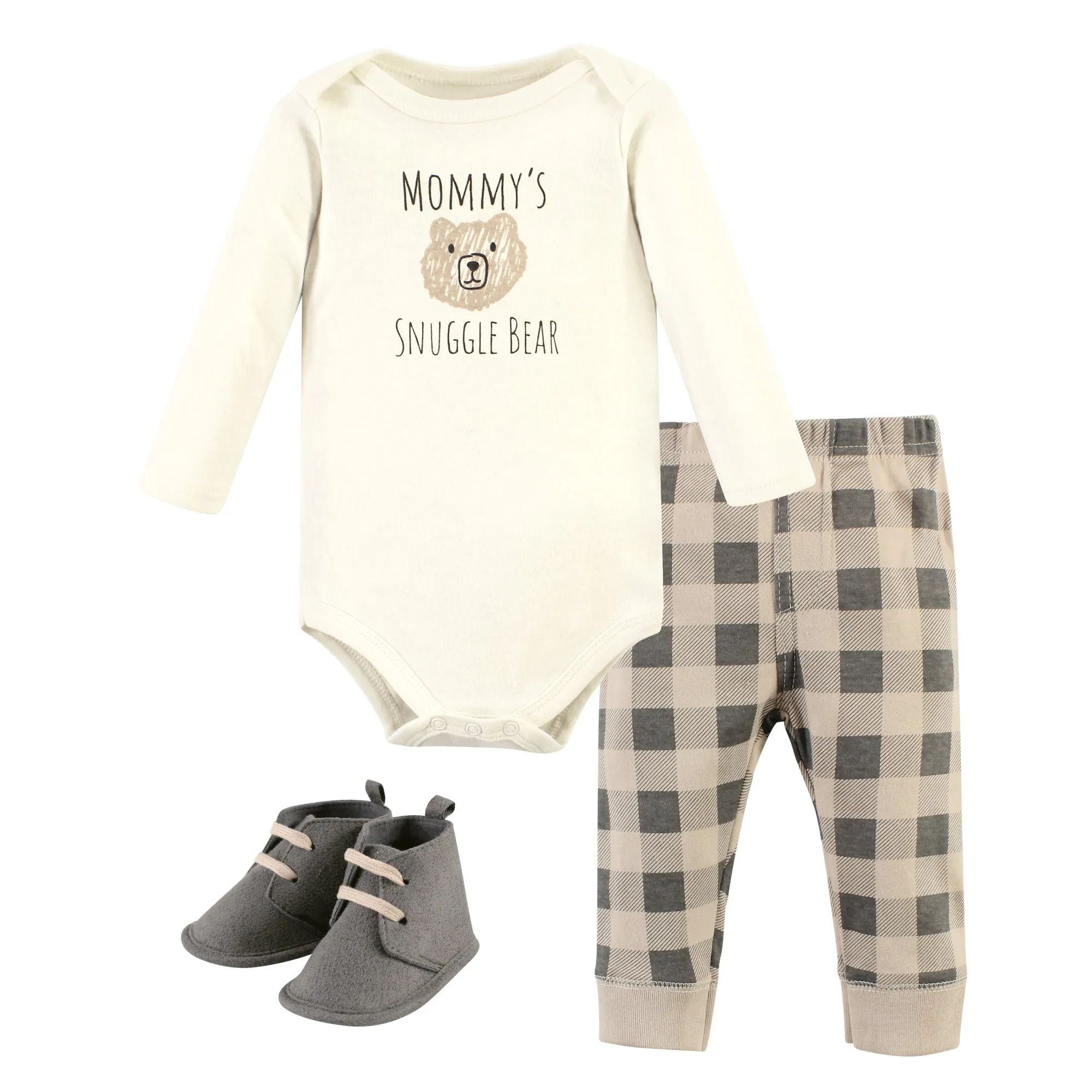 Hudson Baby Cotton Bodysuit, Pant and Shoe Set, Snuggle Bear Long Sleeve