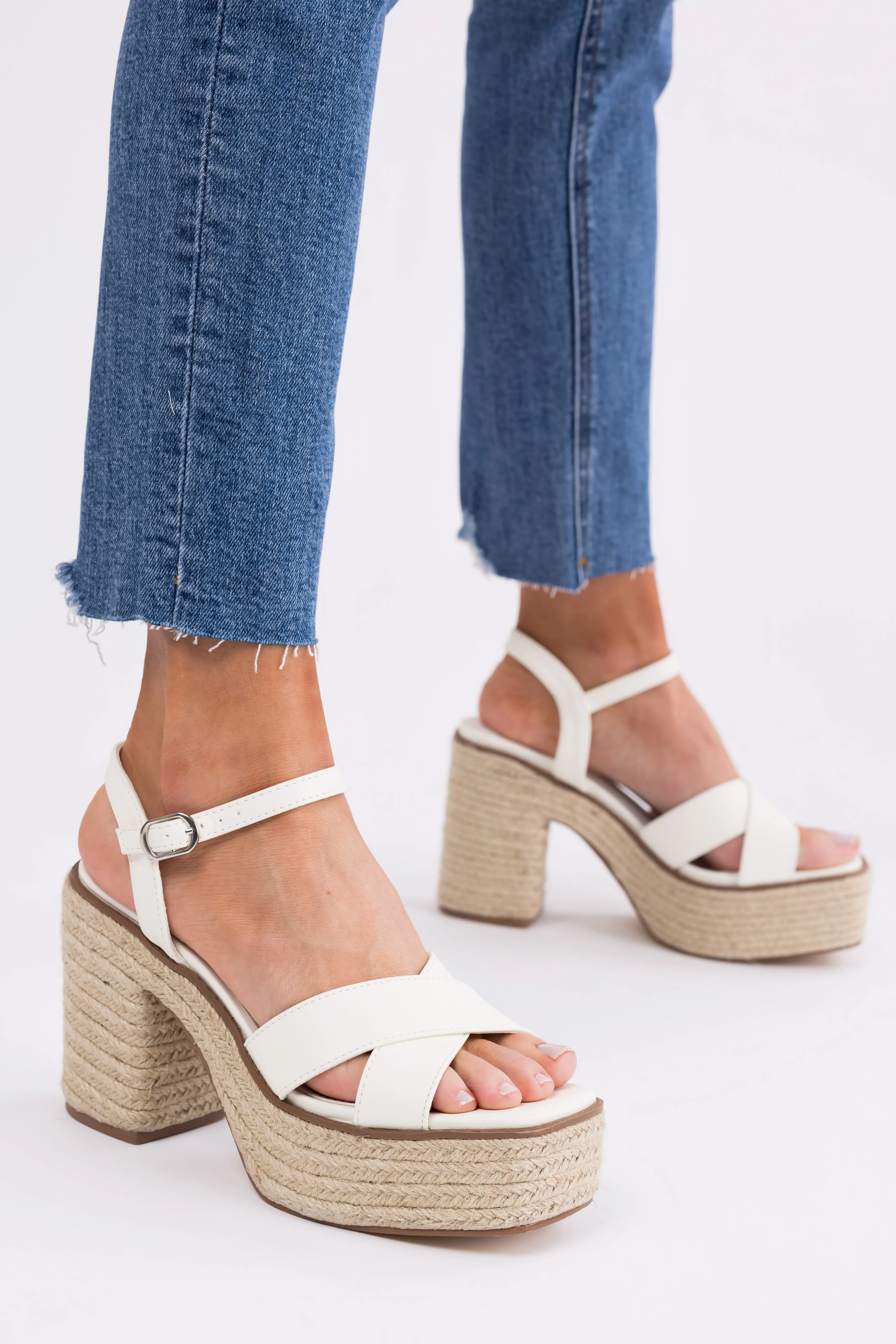 Ivory Cross Strap Espadrille Platform Block Heels