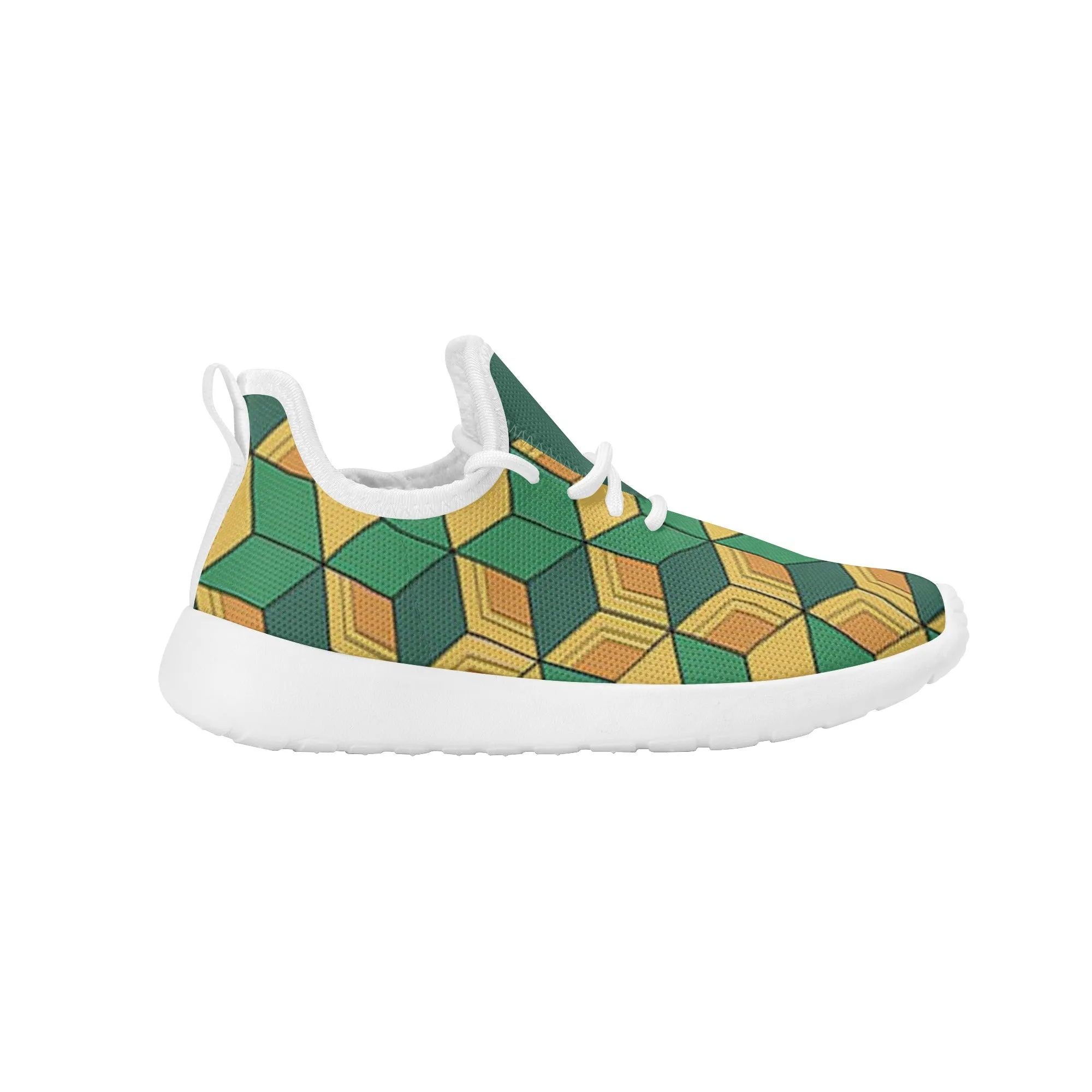 Kids Running Shoes | Mesh Knit Sneakers for kids 7-12 | Anime Slayer of Demon | Green Yellow Pattern