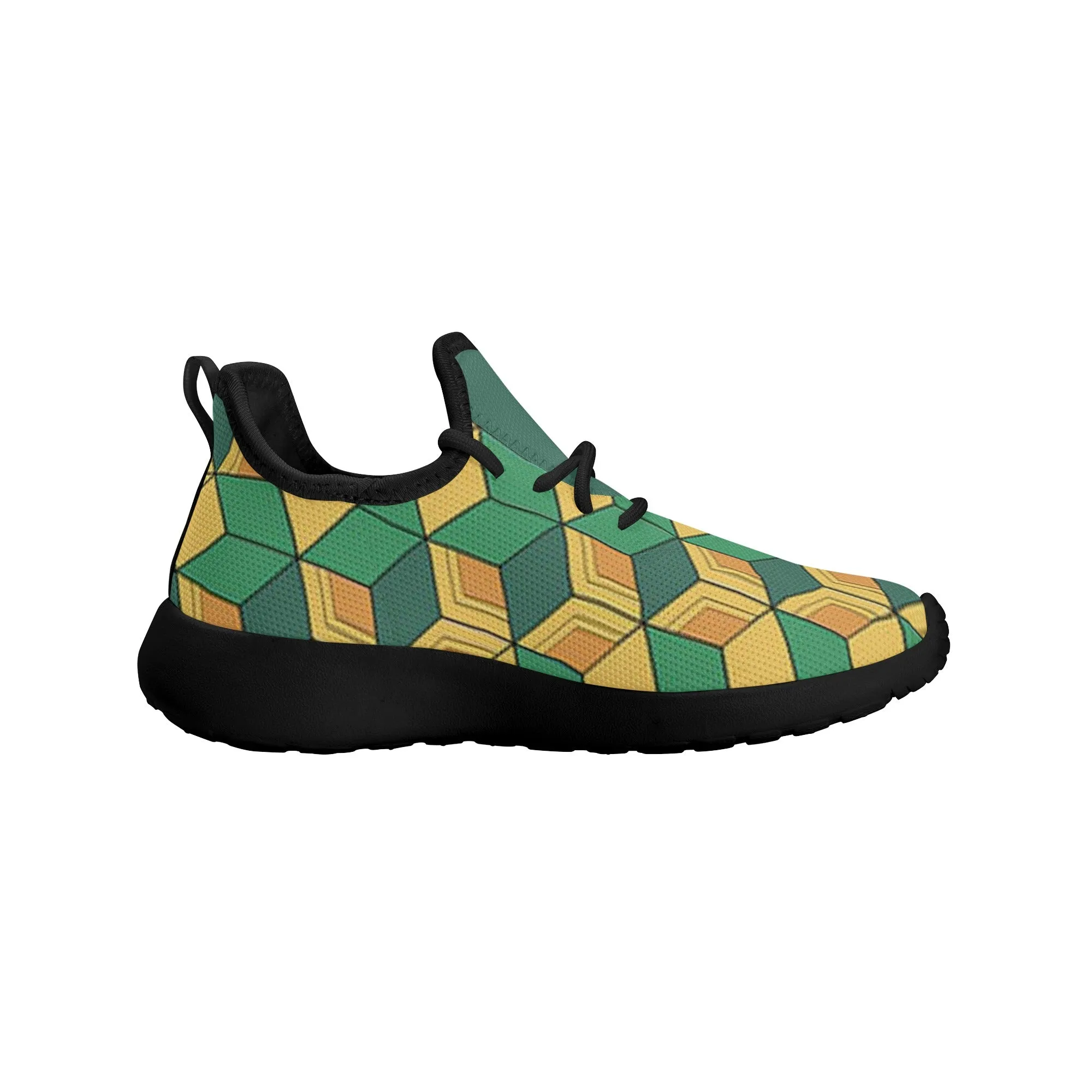 Kids Running Shoes | Mesh Knit Sneakers for kids 7-12 | Anime Slayer of Demon | Green Yellow Pattern