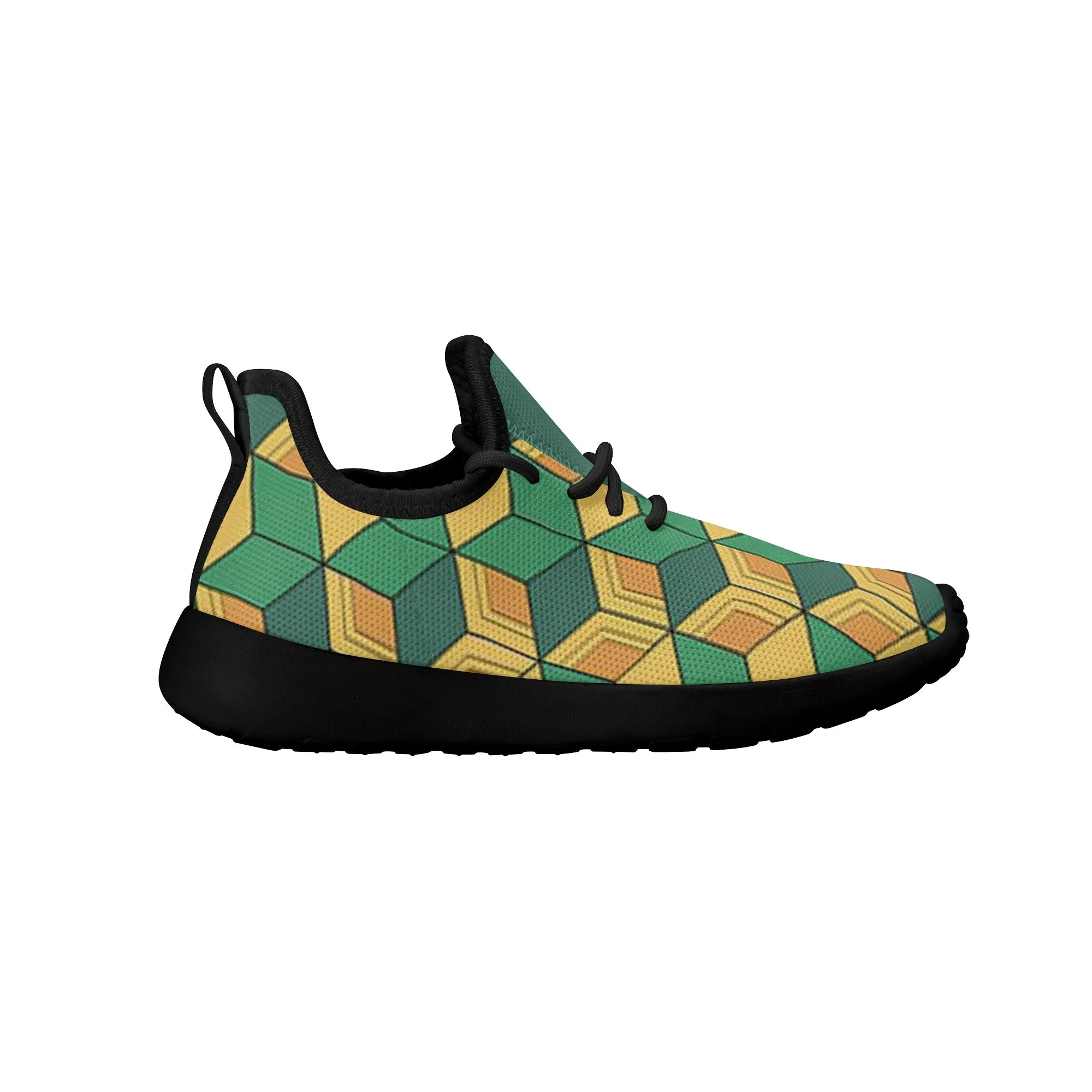 Kids Running Shoes | Mesh Knit Sneakers for kids 7-12 | Anime Slayer of Demon | Green Yellow Pattern