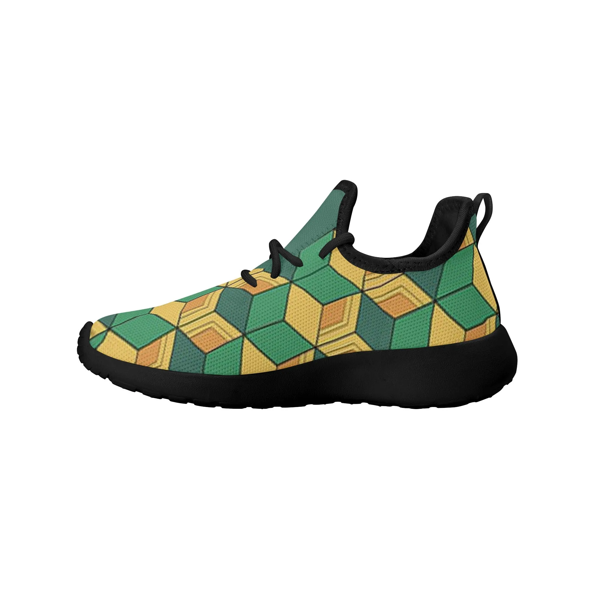 Kids Running Shoes | Mesh Knit Sneakers for kids 7-12 | Anime Slayer of Demon | Green Yellow Pattern