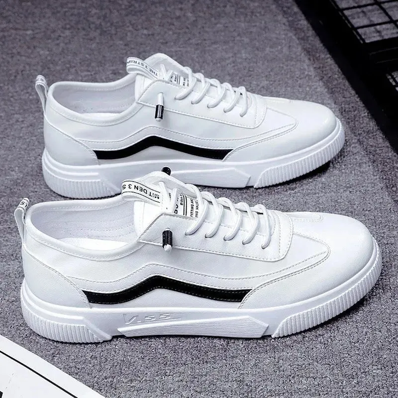 Men's Black White Leather Sneakers Low Top Shoes Trainers Waterproof Male Slip Sneaker - MS50288