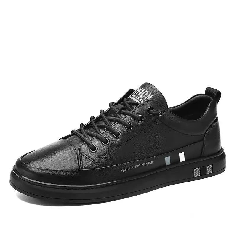 Men's Black White Leather Sneakers Low Top Shoes Trainers Waterproof Male Slip Sneaker - MS50288