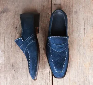 Men's Handmade Navy Blue Suede formal shoes Slip On Slippers Penny Loafers Shoes