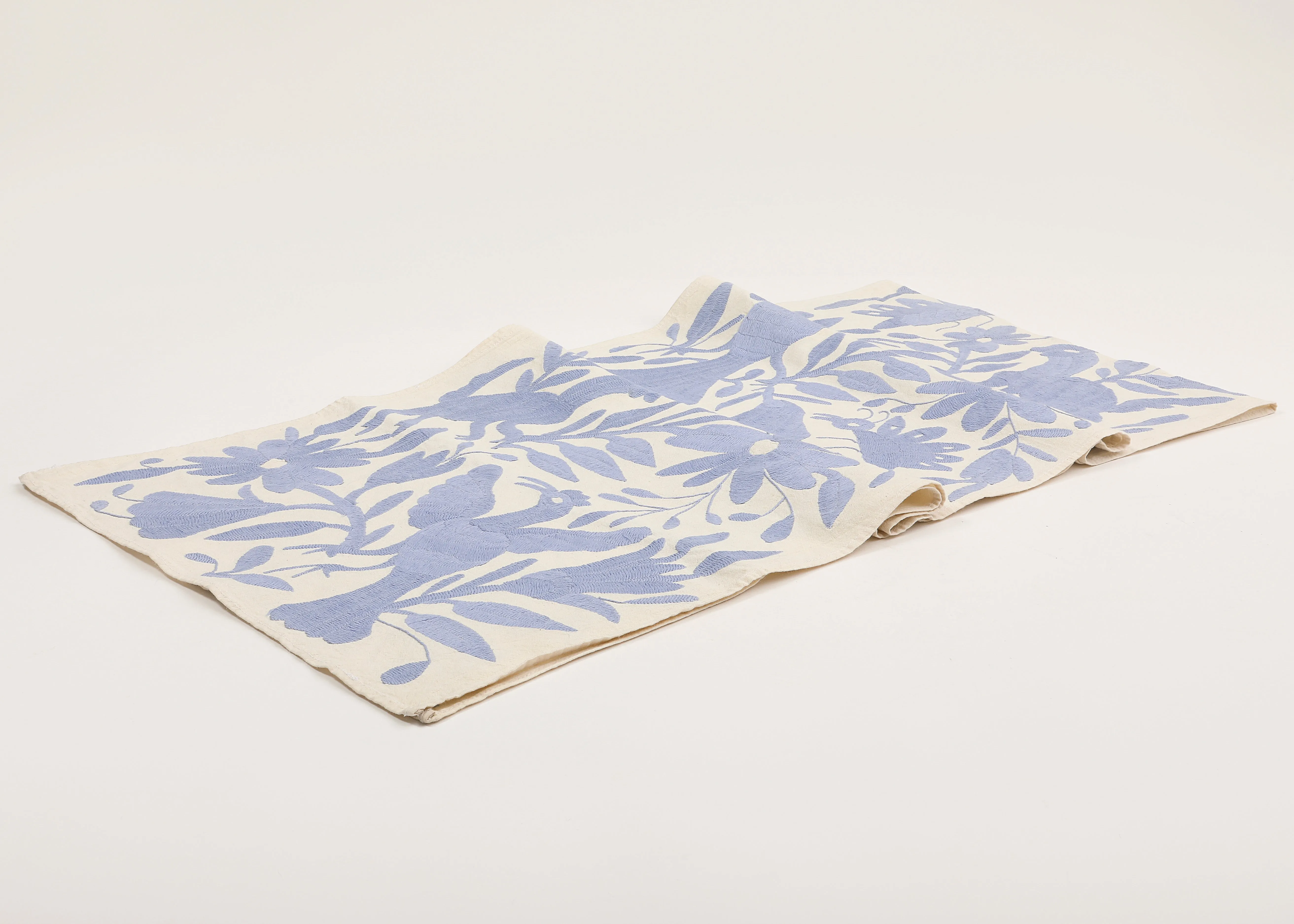 Mexican Otomi Hand-Embroidered Table Runner - Cornflower Blue