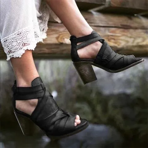 Plain Chunky High Heeled Peep Toe Date Travel Platform Sandals