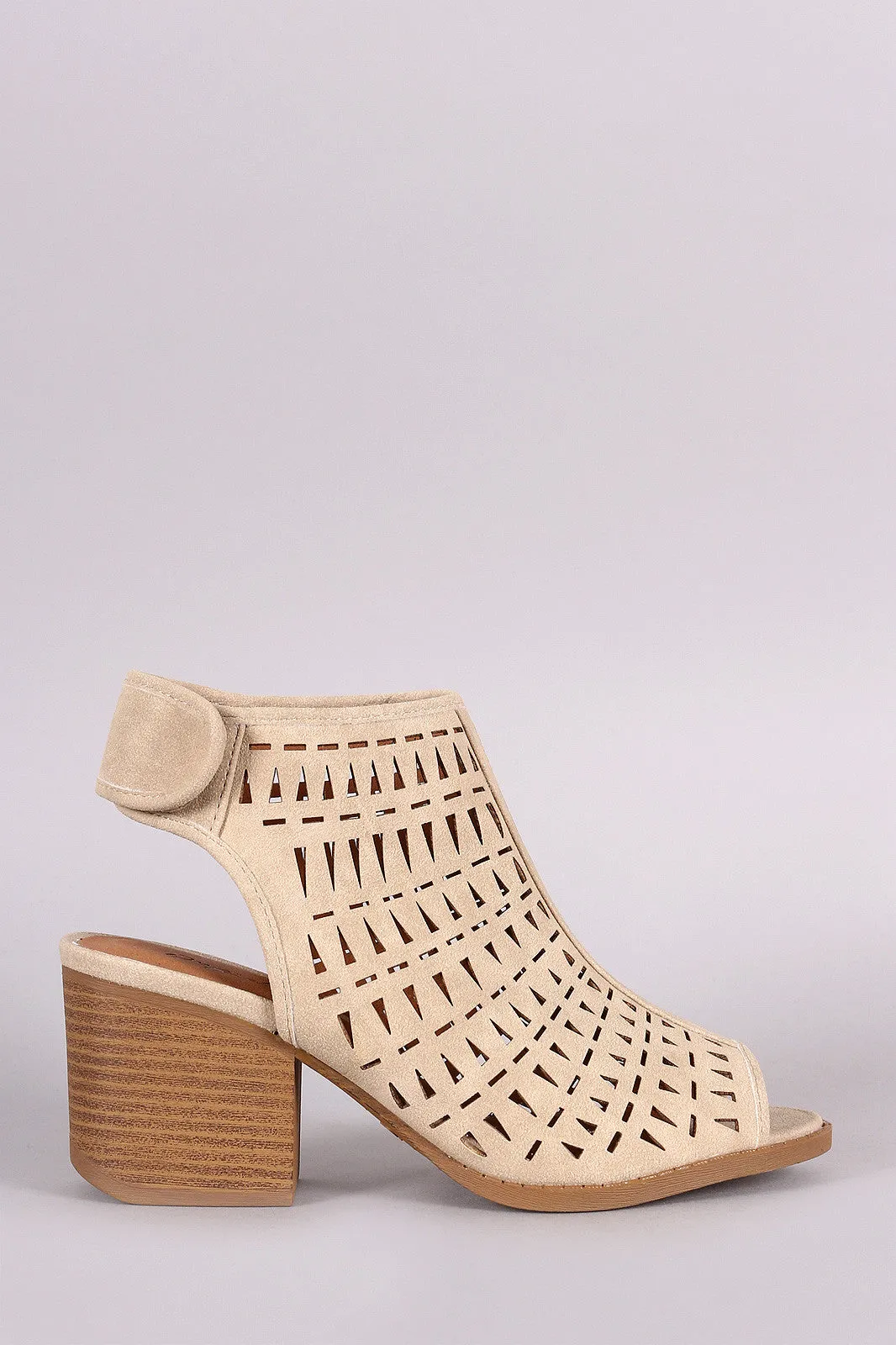 Qupid Perforated Peep Toe Block Heel Bootie