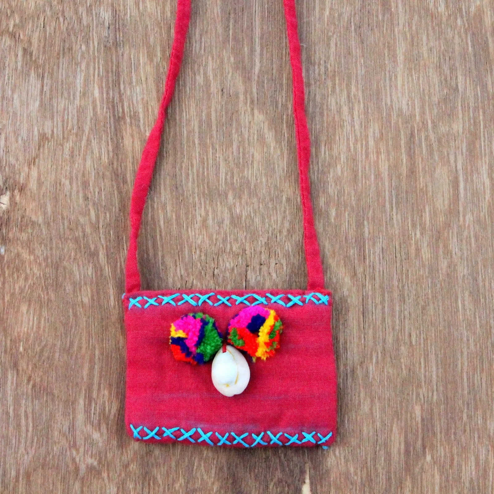 Red blue boho textile pendant necklace