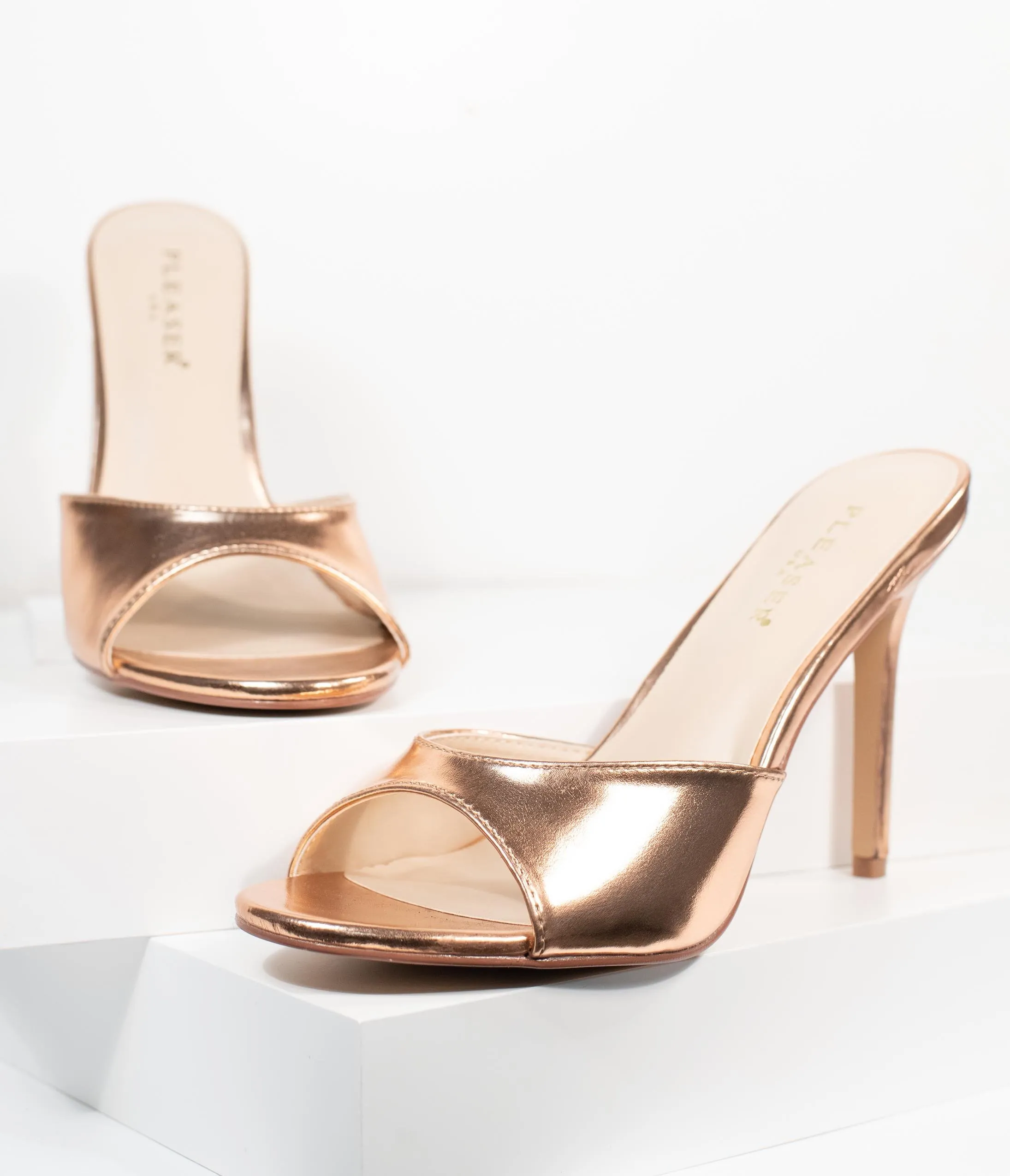 Rose Gold Patent Leatherette Peep Toe Heels