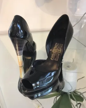 SALVATORE FERRAGAMO D’Orsay Patent Leather Peep-toe High Heels