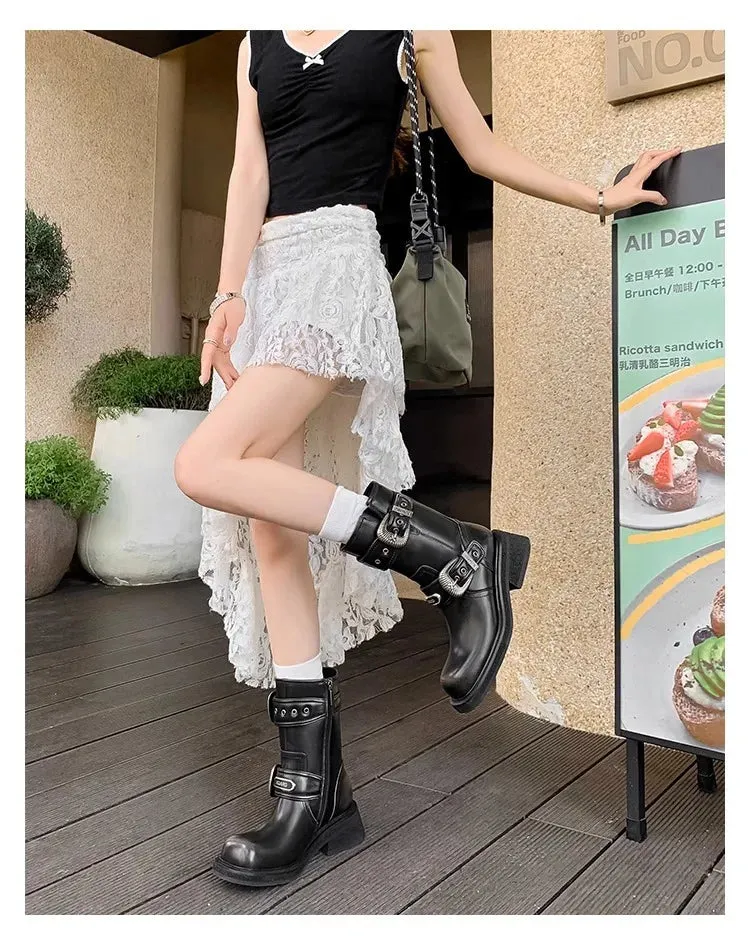 TAVIMART  -  Fashionable Square Head Maillard Western Cowboy Spicy Girl Style Thick Soled Boots Motorcycle Short Boots Pile Up Boots