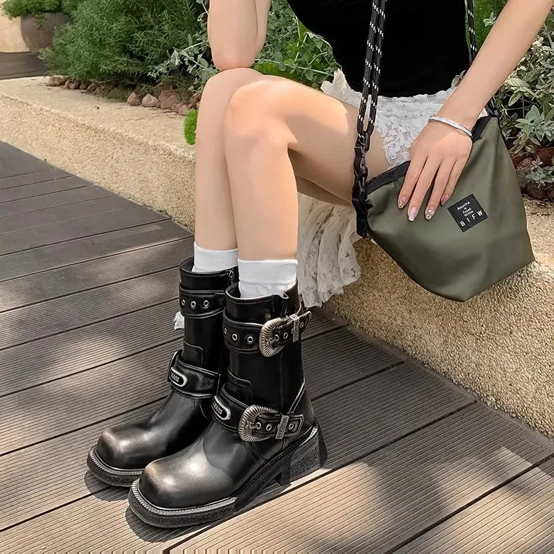 TAVIMART  -  Fashionable Square Head Maillard Western Cowboy Spicy Girl Style Thick Soled Boots Motorcycle Short Boots Pile Up Boots